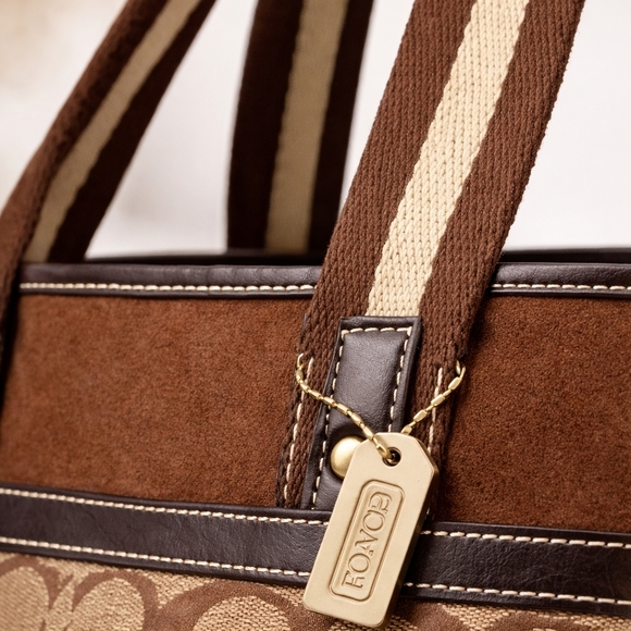 Coach Brown Signature Suede & Canvas Tote Bag - Picture 8 of 9
